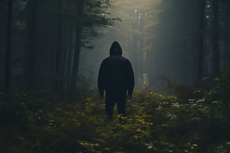 Mysterious Figure: The Lone Person in the Black Jacket amidst the Enchanting Forest - [AR 3:2]の素材