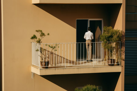 The Captivating View: A Person Standing on Balcony --ar 3:2の素材