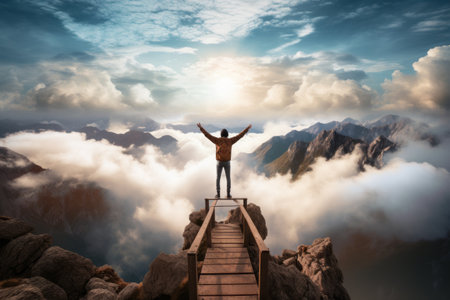 Embracing Boundless Horizons: A Spectacular Mountain and Cloudscape View of a Person Defying Gravityの素材