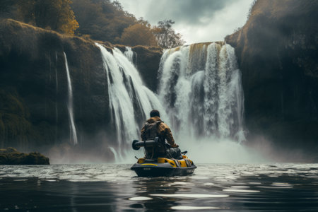 Majestic Encounter: Watercraft Adventurer Embracing the Mighty Waterfallの素材