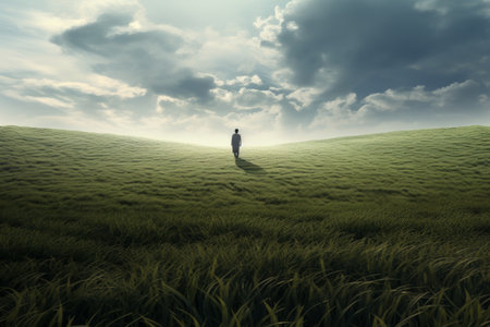 Capturing the Graceful Stride: A Person Walking on the Field in A Refined 3:2 Compositionの素材