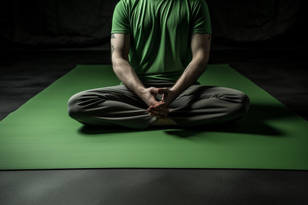 Inspiring Serenity: Captivating the Essence of a Person in Green Pants on a Gray Yoga Matの素材