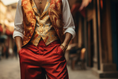 The Vibrant Persona: A Captivating Portrait in Red and Gold Vest and Brown Pants --ar 3:2の素材