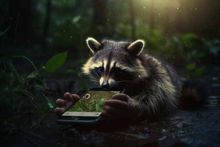 Capturing Natures Wild Charm: A Persons Encounter with a Playful Raccoon through the Lens of theirの素材