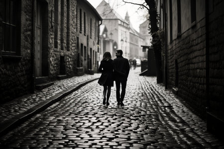 A Romantic Stroll on a Cobblestone Street: Capturing Love in a 3:2 Frameの素材