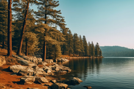 Captivating Snapshot: Serene Brown Pine Trees Embracing a Tranquil Waterside -ar 3:2の素材