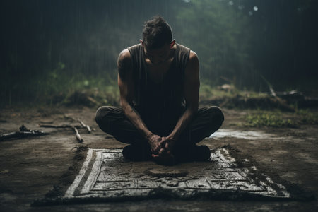 Captivating Image: The Serene Artistry of a Man Kneeling on a Matの素材
