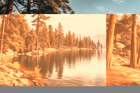 Serenity in Nature: Capturing the Beauty of Brown Pine Trees Alongside a Reflective Body of Water [Aの素材