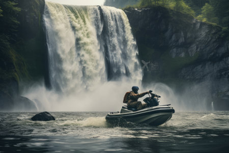 Thrilling Water Adventures: Person Braving the Waterfall Rapids on a Watercraft --AR 3:2の素材