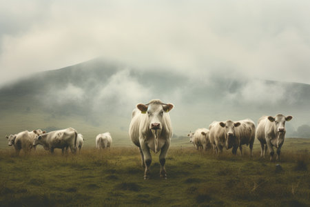 Captivating Snapshot: Serene Cattle Grazing on Vast Green Pasturesの素材