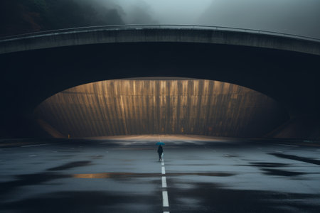 Under the Bridge: The Lone Walker on the Asphalt Roadの素材