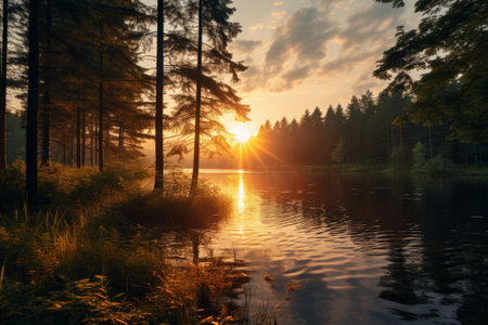 Enchanting Golden Hour: Majestic Lake Embraced by Lush Greenery - AR 3:2の素材