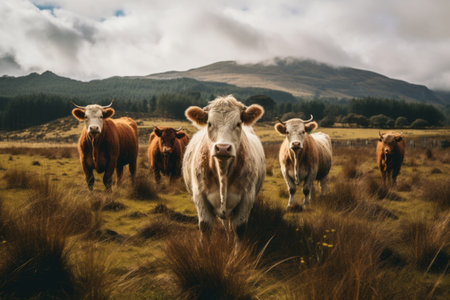 Captivating Snapshot: Majestic Cattle Grazing on Vast Green Pasturesの素材