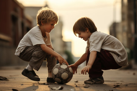 Inclusive and Joyful Childhood: Candid Photo of Boys Playing Together in 3:2 Aspect Ratioの素材