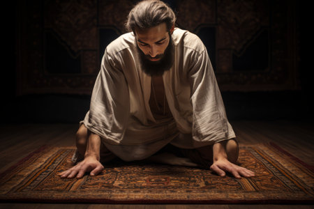 Spiritual Serenity Captured: Enigmatic Photo of Man in Meditation Pose on Matの素材