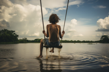 Captivating Snapshot: Thrilling Boy Swinging above Tranquil Waters in 3:2 ARの素材