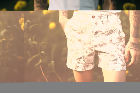 Blossoming in Contrast: The Enigmatic Figure in White and Black Floral Shorts - AR 3:2の素材