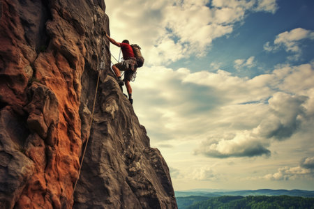 The Adventurous Expedition: A Spectacular Photo of a Man Rock Climbingの素材