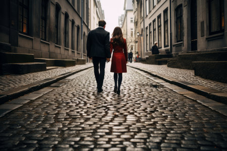 Romantic Stroll: Capturing a Couple Walking on a Cobblestone Street (AR 3:2)の素材