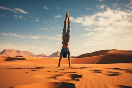 Gravity-Defying Feat: Mesmerizing Handstand Photo Captured on Desert Landscape --ar 3:2の素材
