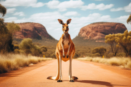 Capturing the Roaming Majesty: A Kangaroos Stately Pose on the Road --ar 3:2の素材