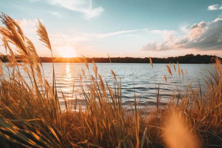 Gorgeous Golden Hour Snapshot: A Serene Body of Water Amidst Lush Green Fieldsの素材