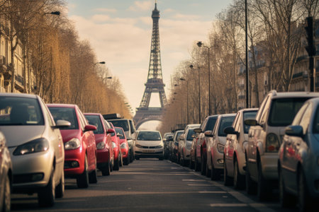 Eiffel Tower Backdrop: Stunning Snapshot of Cars Lined Alongside the Street - AR 3:2の素材