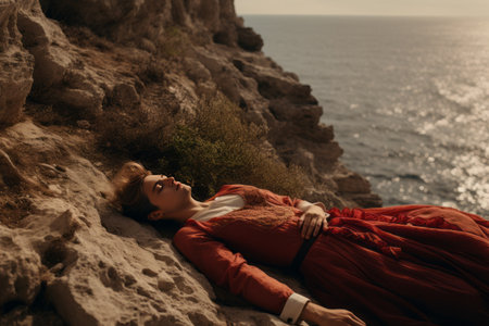 Serenity at the Edge: Captivating Photo of Couple Embracing on Cliff Overlooking the Sea --ar 3:2の素材