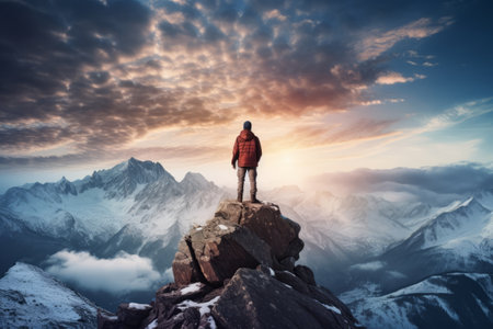 Conquering the Peaks: A Breathtaking Snapshot of a Man Standing atop a Snowy Mountain --ar 3:2の素材
