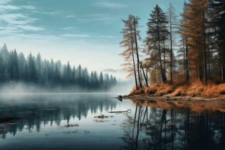 Natures Serenity: Capturing the Majestic Lake Amidst Towering Treesの素材