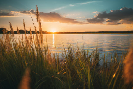 Golden Hours Tranquil Oasis: A Stunning 3:2 Snapshot of a Serene Body of Water Amidst a Lush Greenの素材