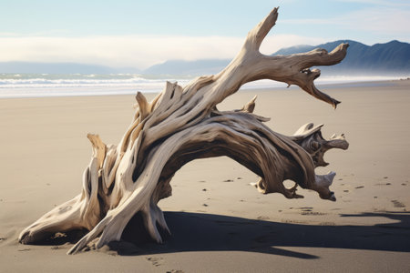 Capturing Natures Artistry: Driftwood Sculpture on Sandy Beach - A Stunning 3:2 Snapshotの素材
