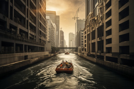 Navigating Urban Canyons: Capturing a Boats Journey Through a River Amid Highrise Buildingsの素材