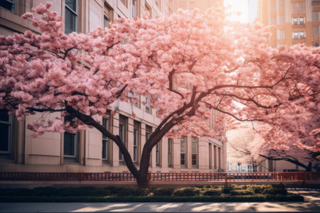 Blooming Beauty: Capturing the Cherry Blossom Tree in Front of a Majestic Building --AR 3:2の素材