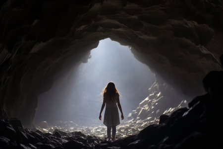 Mysterious Beauty: Captivating Photo of a Woman Standing in a Cave --ar 3:2の素材