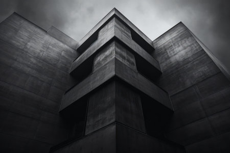 Intriguing Monochrome Edifice: Capturing the Essence of a Black and Gray Concrete Building --ar 3:2の素材