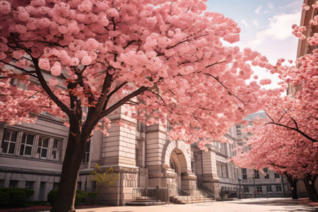 Blooming Majesty: Capturing the Cherry Blossom Trees Splendor in Front of a Magnificent Building --の素材