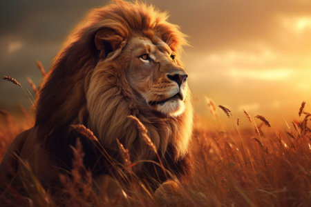 Roaming Majesty: Captivating Photo of a Lion in a Lush Grass Field --ar 3:2の素材