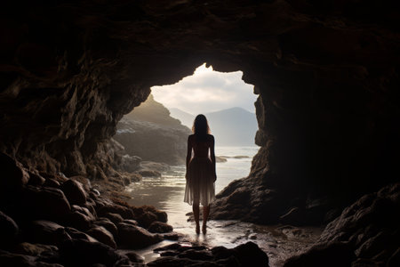 Mystical Encounter: Capturing the Enigmatic Womans Cave Stance --ar 3:2の素材