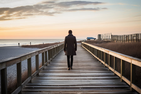 Serene Stroll: Capturing a Mans Essence on the Boardwalkの素材