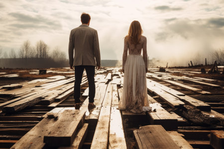 Capturing Loves Firm Foundation: A Romantic Snapshot of a Couple on Wooden Planks - AR 3:2の素材