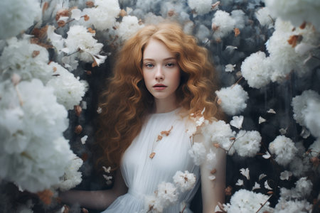 Blossoming Beauty: A Captivating Image of a Woman Submerged in a Sea of White Flowersの素材