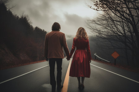 Loves Journey: A Captivating Photo of a Couple Holding Hands On the Roadの素材