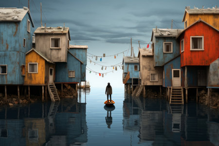Exhilarating Perspective: A Person Braving the Gap on a Floating Boat Between Houses--AR 3:2の素材