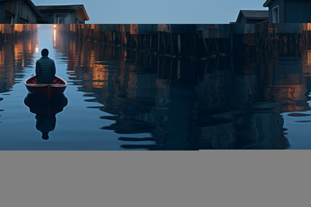 Astonishing Sight: Person Balancing on Floating Boat Amidst Houses in Jaw-dropping 3:2 Perspectiveの素材