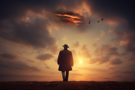 The Enthralling Silhouette: A Hat-Wearing Man Soaring Through Sunsetの素材