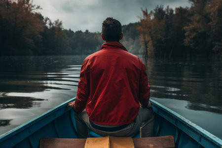 Vibrant Contrast: A Person Rocking Blue Denim Jacket on a Red Canoe Boatの素材