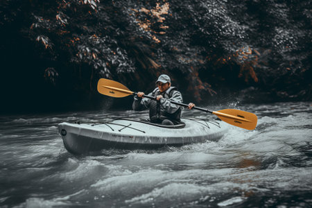 Embracing the Serene Waves: Adventurous Soul Riding a Gray Kayak --ar 3:2の素材