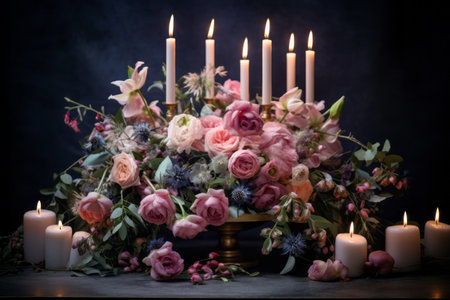 Elegantly Lit: A Stunning Flower Arrangement Embraced by Graceful Candlesの素材