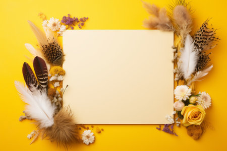 Blossoming Inspiration: A Vibrant Yellow Canvas Adorned with Flowers and Feathers --ar 3:2の素材
